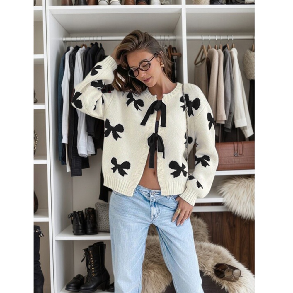 Off White Cardigan With Black Front Ties and Bow Print Pattern Oversized - Picture 9 of 10